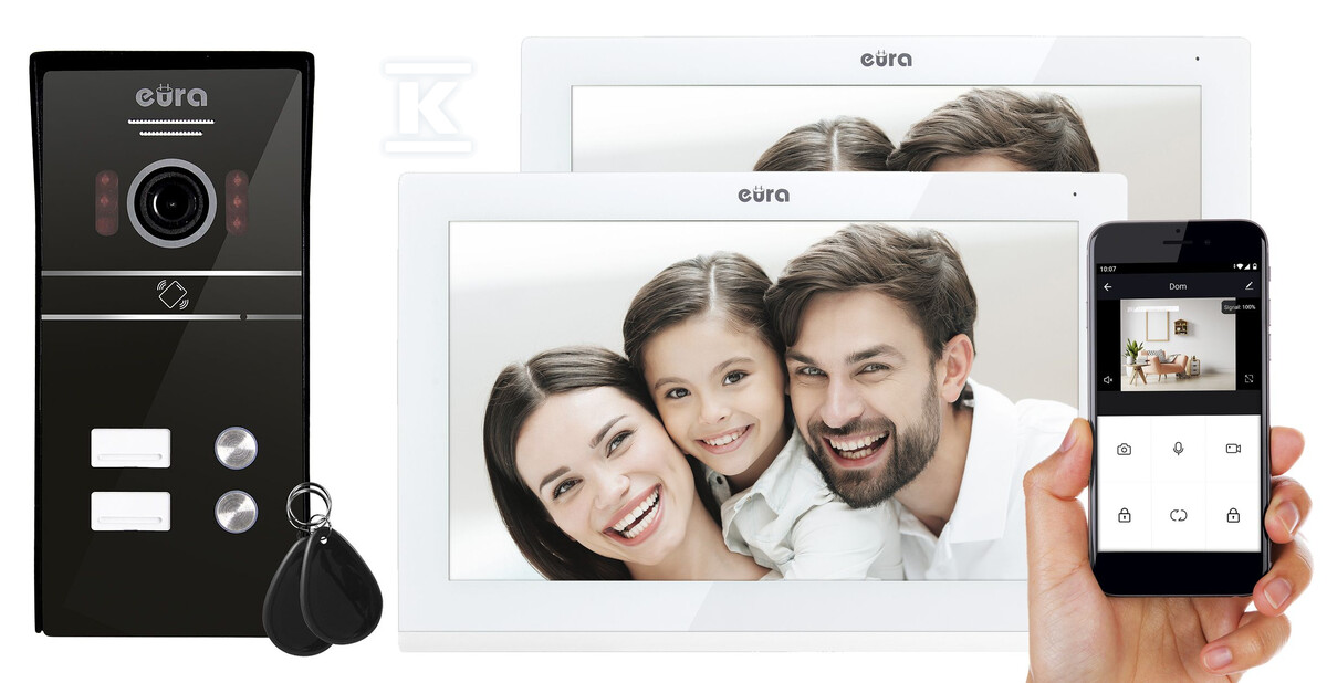 Wideodomofon „EURA” VDP-82C5- dwurodzinny, biały, 2x dotykowy LCD 7″, FHD, WiFi, obsługa 2 wejść, kamera 1080p., czytnik RFiD, natynk C51A183