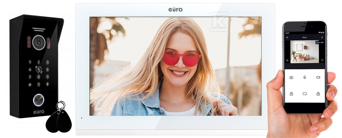 Wideodomofon „EURA” VDP-99C5 – biały, dotykowy LCD 10′, AHD, WiFi, pamięć obrazów, kamera 1080p, RFID, szyfrator, natynk C51A199