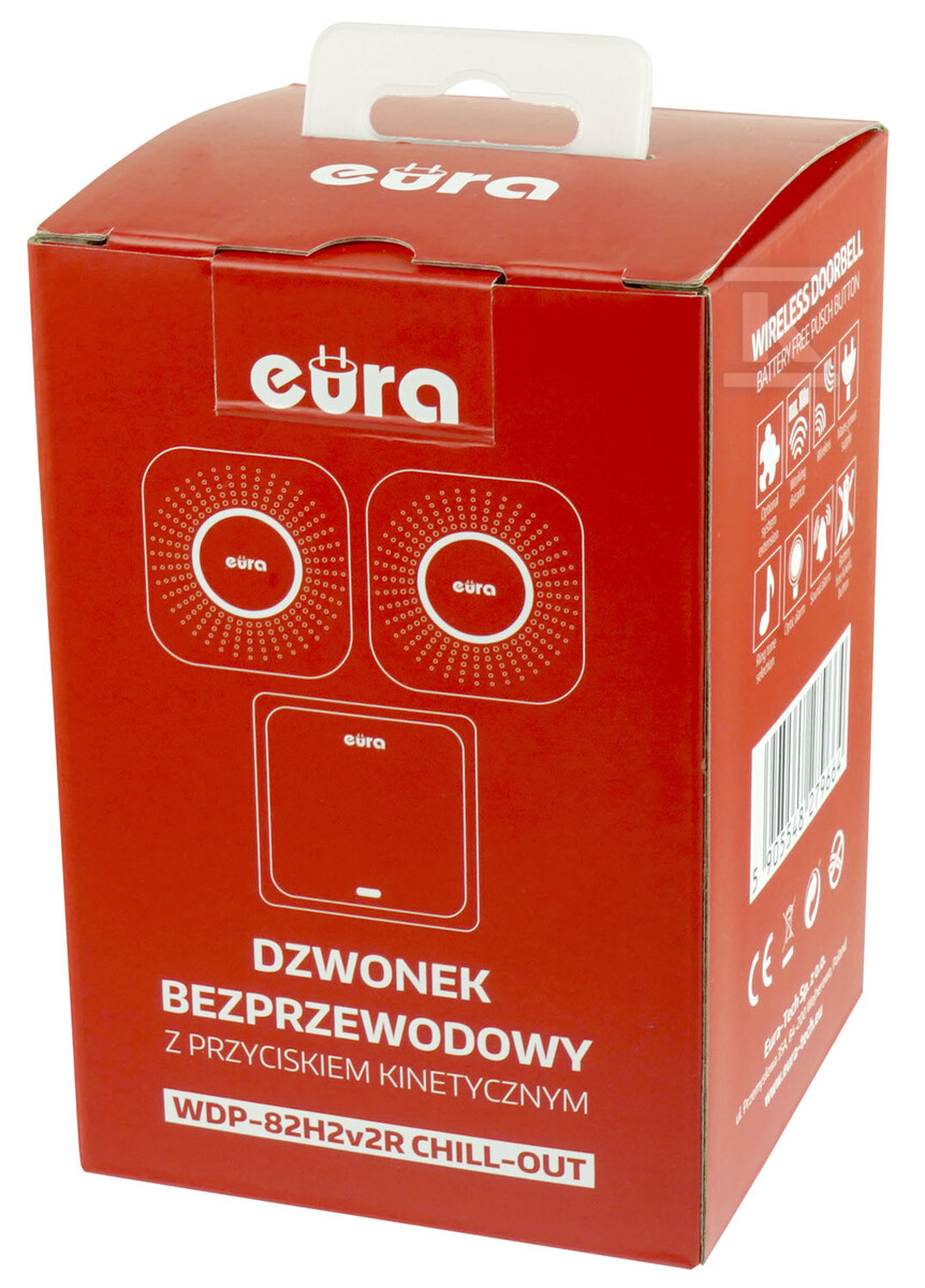 Dzwonek bezprzewodowy "EURA" WDP-82H2v2R "CHILL-OUT" - bezbateryjny przycisk (kinetyczny), 2x odbiornik AC 230V, zasięg do 100m, 56 melodii H21A361 - obrazek 2