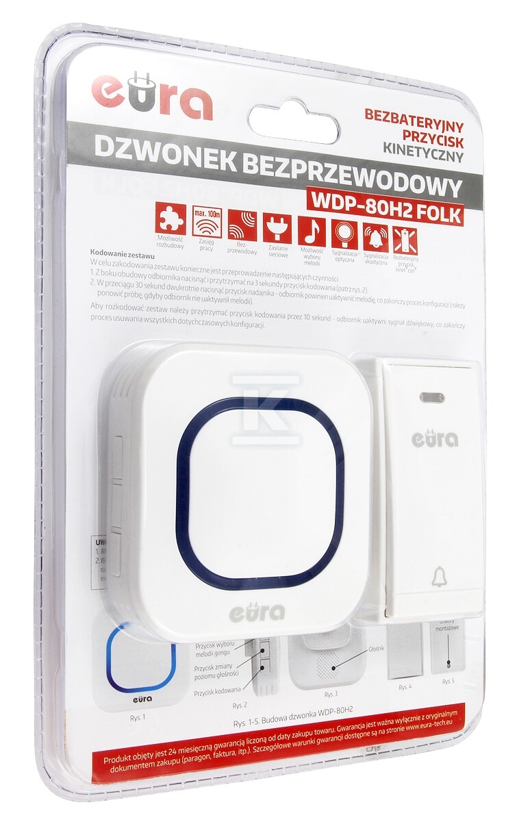Dzwonek bezprzewodowy "EURA" WDP-80H2 "FOLK" bezbateryjny, przycisk (kinetyczny), możliwość rozbudowy H21A380 - obrazek 3