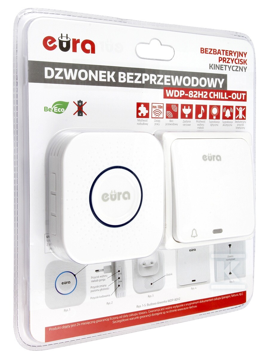Dzwonek bezprzewodowy "EURA" WDP-82H2 "CHILL-OUT"-bezbateryjny, przycisk (kinetyczny), możliwość rozbudowy H21A382 - obrazek 3