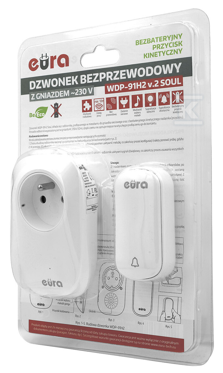 Dzwonek bezprzewodowy "EURA" WDP-91H2v.2 "SOUL" z gniazdem ~230V - bezbateryjny, przycisk (kinetyczny), możliwość rozbudowy H21A391 - obrazek 3