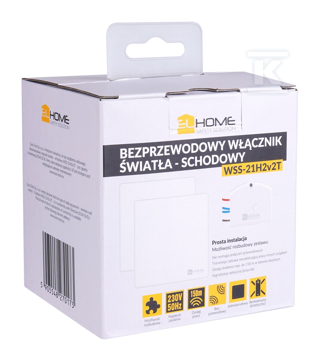 Bezbateryjny włącznik radiowy z odbiornikiem dopuszkowym "EL HOME" WSS-21H2v2T - schodowy, 433,92 MHz, AC 230V, zasięg 150m, maks. obciążenie rezystancyjne 300W H21H123 - obrazek 2