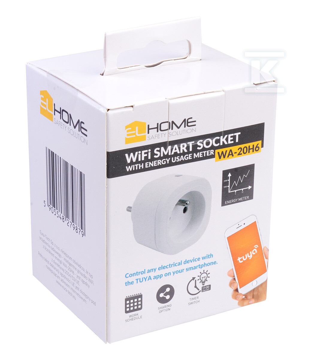 Inteligentne gniazdko WiFi z licznikiem energii "EL HOME" WA-20H6 - AC 230V/ 50Hz, 10A, IP20, Typ E, Tuya App H61H120 - obrazek 2