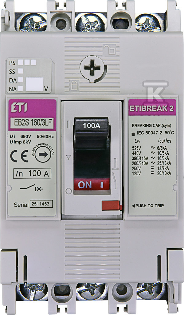 Wyłącznik mocy 3P, 16kA, wyzwalanie termo-magnetyczne (bez regulacji) EB2S 160/3LF 100A 3p 004671809 - obrazek 1