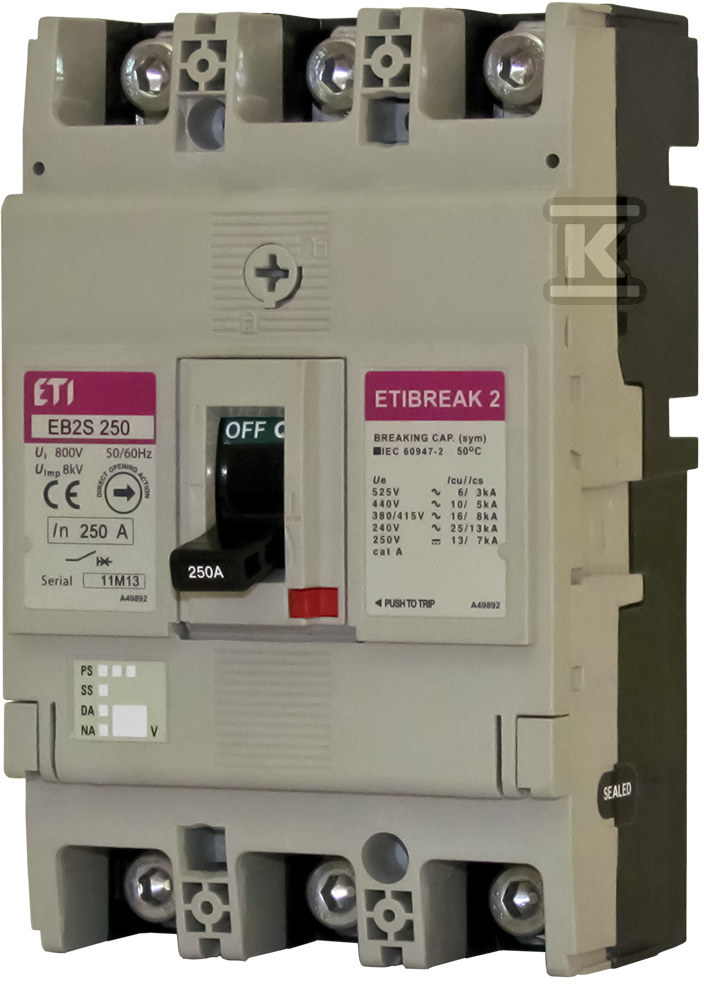 Wyłącznik mocy 3P, 40kA, wyzw. TM (bez regulacji) EB2S 250/3HF 200A 3P 004671864 - obrazek 1