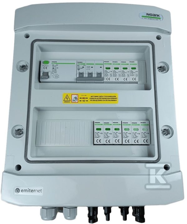Rozdzielnica DCAC hermetyczna IP65 EMITER z ogranicznikiem przepięć DC Noark 1000V typu 2, 2 x MPPT / ogr. AC Noark typ 2, 10A 3-F EM-1102N_DCAC