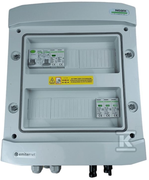 Rozdzielnica DCAC hermetyczna IP65 EMITER z ogranicznikiem przepięć DC Noark 1000V typu 1+2, 1 x MPPT / ogr. AC Noark typ 1+2, 10A 1-F EM-1359N_DCAC