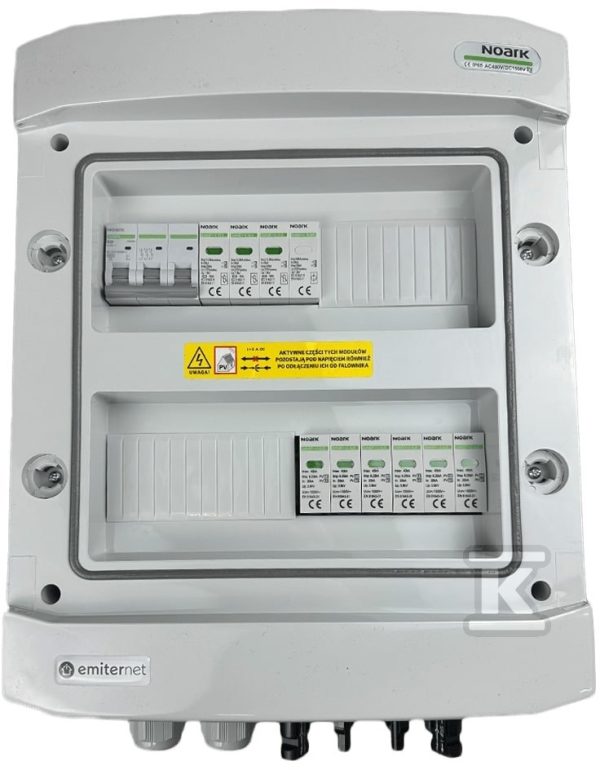 Rozdzielnica DCAC hermetyczna IP65 EMITER z ogranicznikiem przepięć DC Noark 1000V typu 1+2, 2 x MPPT / ogr. AC Noark typ 1+2, 20A 3-F EM-214N_DCAC