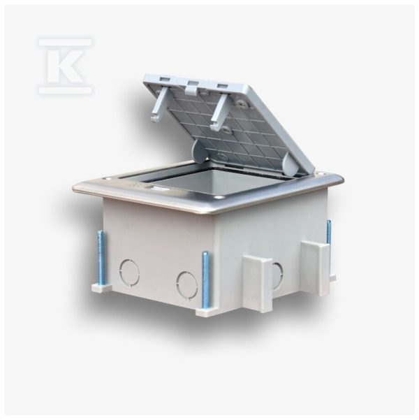 Box podłogowy 6M IP66 – puszka podłogowa do montażu gniazd standardu 22,5×45 mm ( 45×45 mm), uchylna, mediaport, pojemność 6M (2x2M+2x1M), materiał: aluminium/tworzywo, wym. 145X175x90 mm, w komplecie z puszką montażową do betonu EM/FLB-SOB3SF