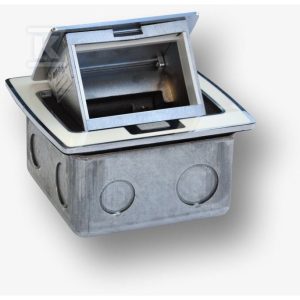 Box blatowy mini 3M – puszka blatowa do montażu gniazd standardu 22,5×45 mm ( 45×45 mm), uchylna, mechanizm otwierania soft/push, mediaport, pojemność 3M, materiał: żywica/aluminium, wym. 123x120x65 mm, w komplecie z puszką montażową, kolor biały EM/FLB-HTD-SPU5RW-DP
