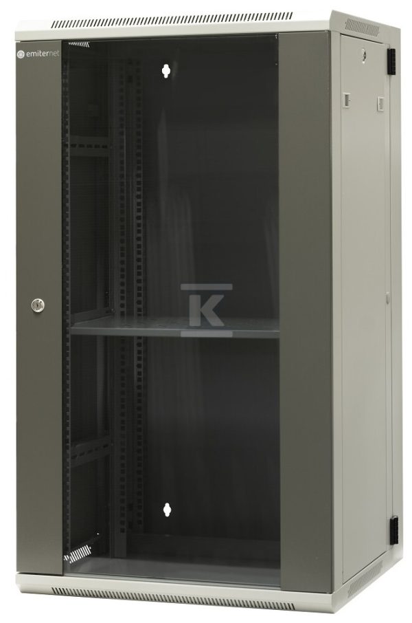 Szafa wisząca dzielona 19” 22U, drzwi blacha/szkło, ściągane osłony boczne z zamkiem, tył zamek 600x550x1083mm, RAL: Szafa 7044, drzwi 7010, w komplecie półka stała 280mm i komplet 15 śrub montażowych EM/AH6522