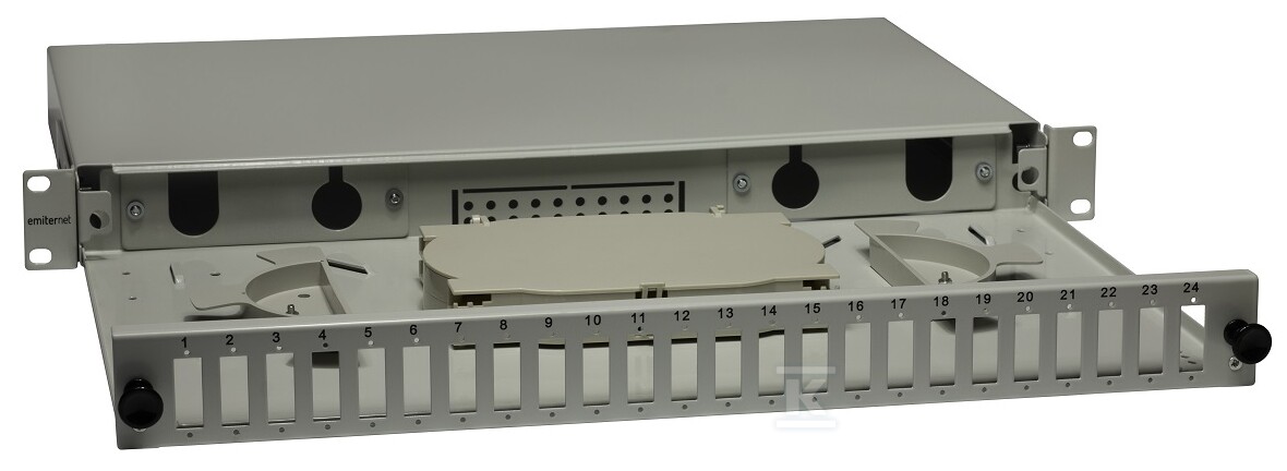 Przełącznica wysuwana 19" 1U 24xSC duplex (SC Duplex / LC Quad), szara, w komplecie kasety światłowodowe na 48 wł. i dławiki EM/PS-1924SCD0-S - obrazek 1
