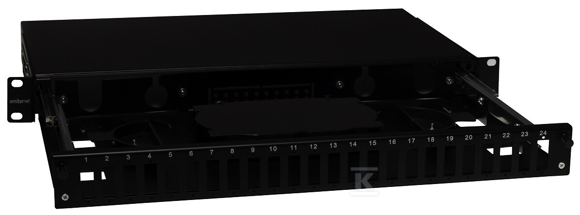 Przełącznica wysuwana 19" 1U 24xSC duplex teleskopowa (SC Duplex / LC Quad), czarna, w komplecie kasety światłowodowe na 48 wł. i dławiki EM/PS-1924SCD1-C - obrazek 1