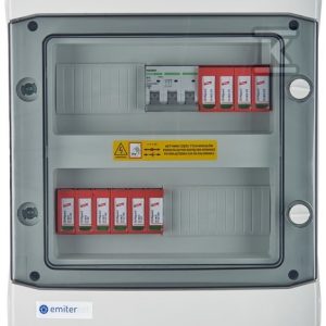 Rozdzielnica DC/AC hermetyczna EMITER z ogranicznikiem przepięć DC Dehn 1000V typu 2, 2 x łańcuch PV, 2 x MPPT, ogranicznik AC typ 2, B16A 3F EM-117_DCAC Rozdzielnica DC/AC hermetyczna EMITER z ogranicznikiem przepięć DC Dehn 1000V typu 2, 2 x łańcuch PV, 2 x MPPT, ogranicznik AC typ 2, B16A 3F EM-117_DCAC