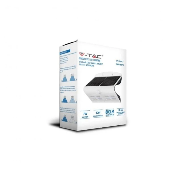 Lampa Solarna Ścienna LED z czujnikiem ruchu VT‑767 1.5W 220lm Biało/Czarny IP65 8276 - obrazek 2
