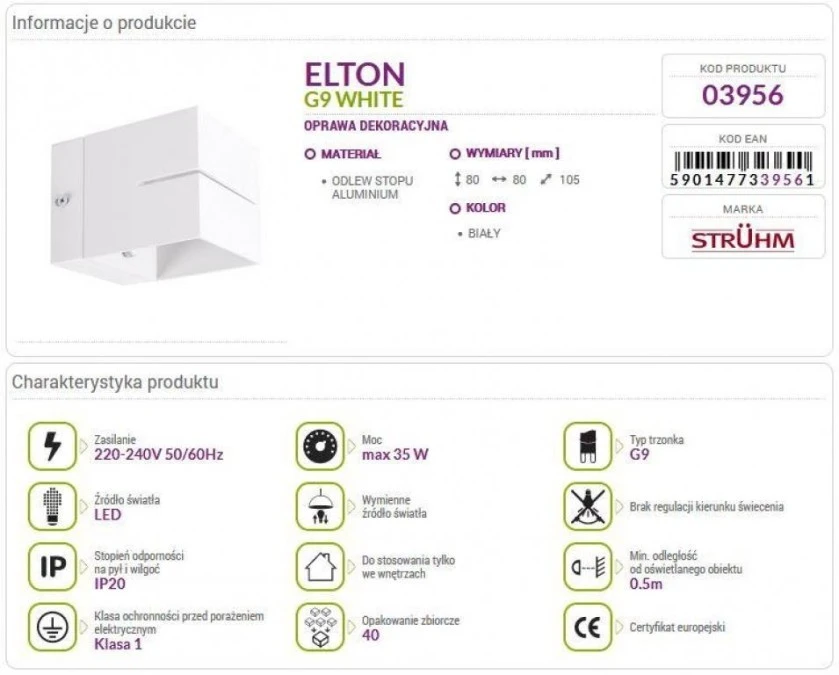 Lampa ścienna kinkiet dekoracyjny ELTON G9 biały 03956 STRUHM - obrazek 3