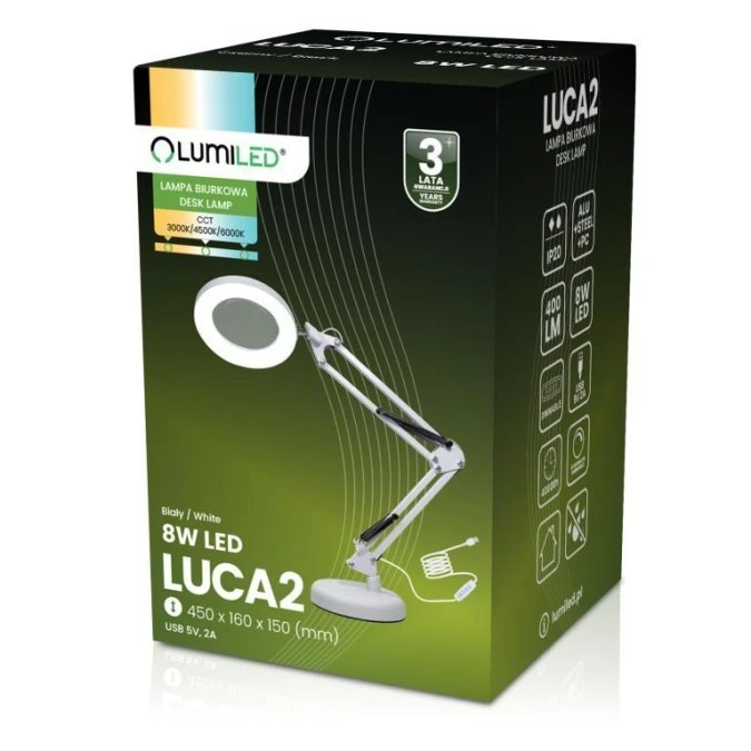 Lampka Biurkowa LUMILED LED 8W CCT Kreślarska Stołowa 3x Szkło Powiększające Lupa LUCA 2 Biała Klasa G 3 Lata Gwarancji - obrazek 3
