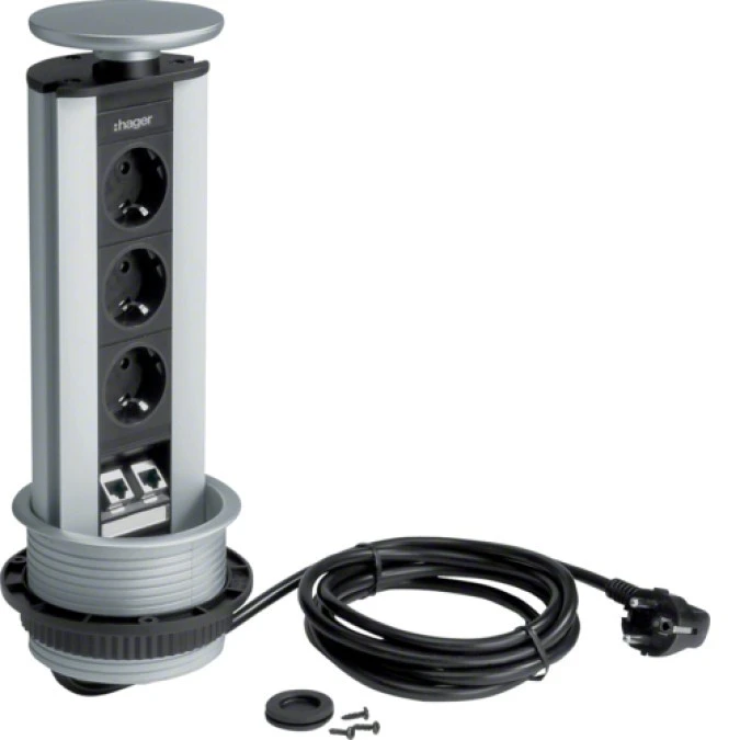 Moduł zasilający teleskopowy stołowy 3 gniazda 230V 2P+Z 2xRJ45 kat.6 z przesłonami aluminium G7345LAN - obrazek 1