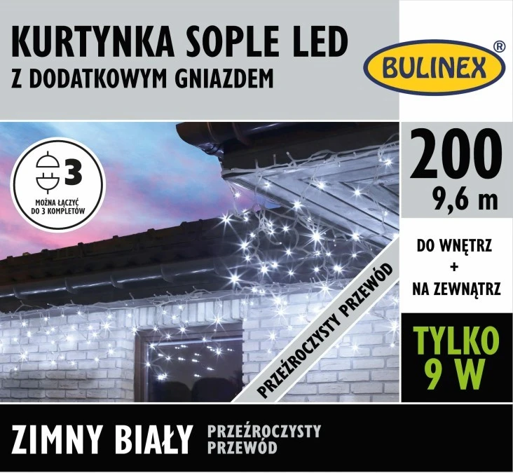 Lampki Bulinex 200led białe zimne 9,60m sople z przewodem przeźroczystym kurtyna - obrazek 3