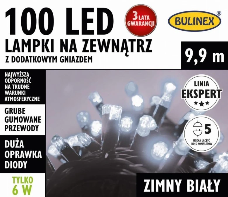 Lampki choinkowe zewnętrzne 100 LED z dodatkowym gniazdem biały 9,9m dł. + 1,5m przyłącze, łącz. max 5 kpl. 230V 6W IP44 25‑852 - obrazek 1