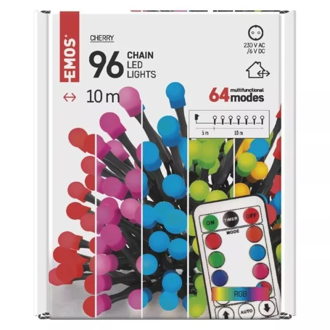 Lampki choinkowe 96LED cherry 10m RGB 64 programy pilot IP44 timer D5AA01 - obrazek 1