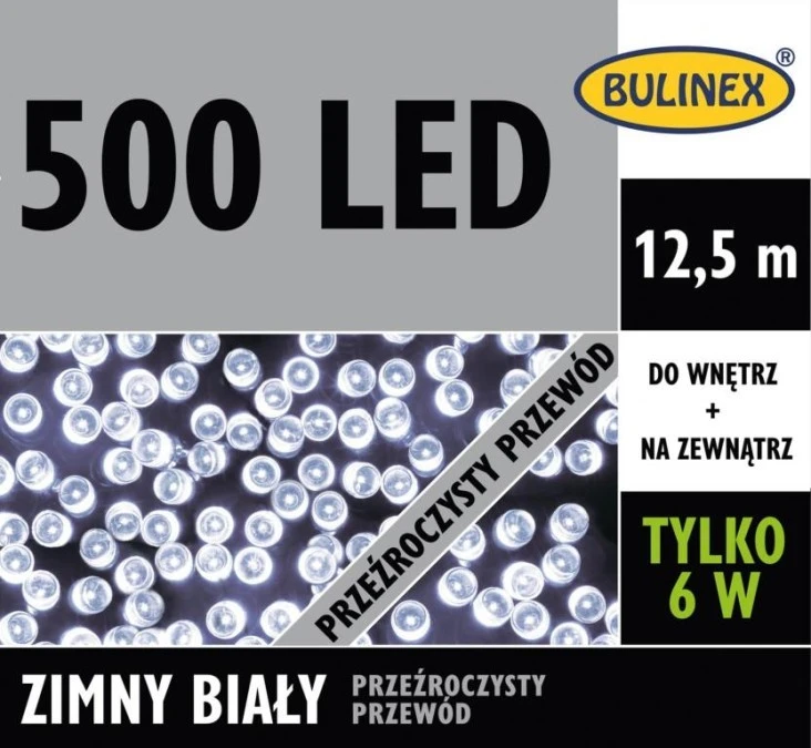 Lampki choinkowe zewnętrzne 500 LED lampki z zasilaczem biały zimny 12,5m dł. + 3m przyłącza 230V/31V 6W IP44 13‑454 - obrazek 1