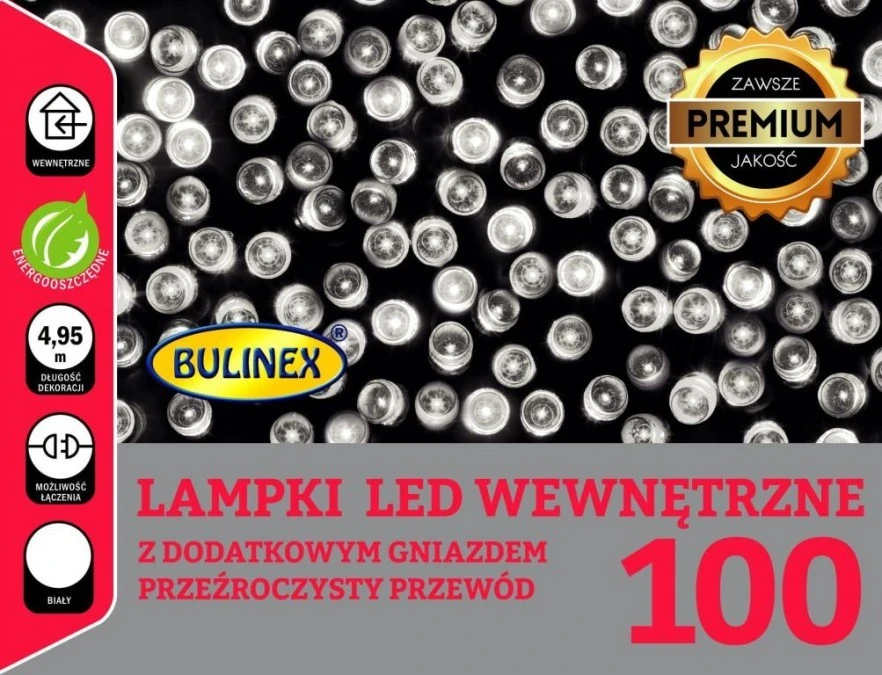 Lampki Bulinex 100led białe zimne 4,95m sznur