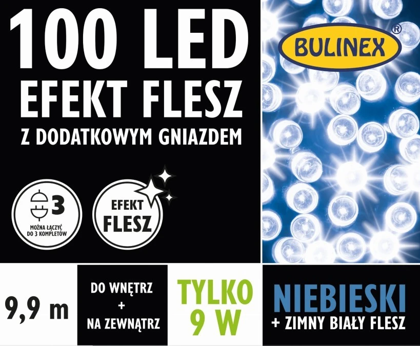 Lampki Bulinex 100led niebieski/biały 9,90m flesz z dodatkowym gniazdem sznur - obrazek 1