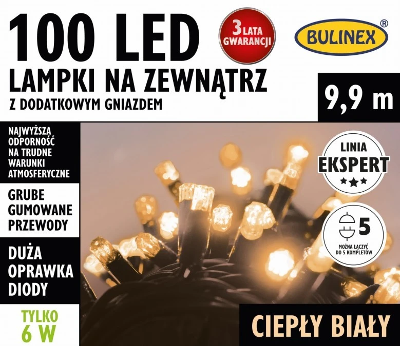 Lampki choinkowe 100 LED biały ciepły ZEWNĘTRZNE 9,9m lampki z dodatkowym gniazdem 25‑858 - obrazek 1