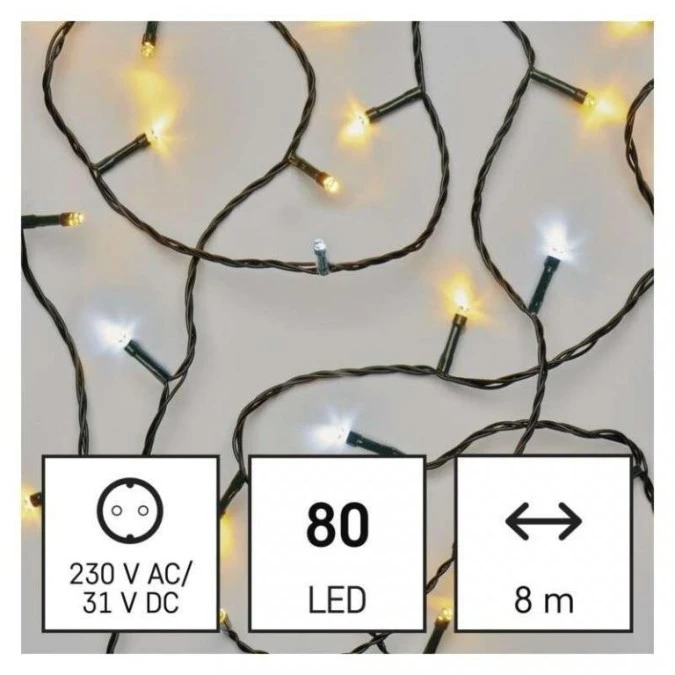 Lampki choinkowe Classic 80 LED 8m ciepła + zimna biel, zielony przewód, IP44, timer D4AN04 - obrazek 2