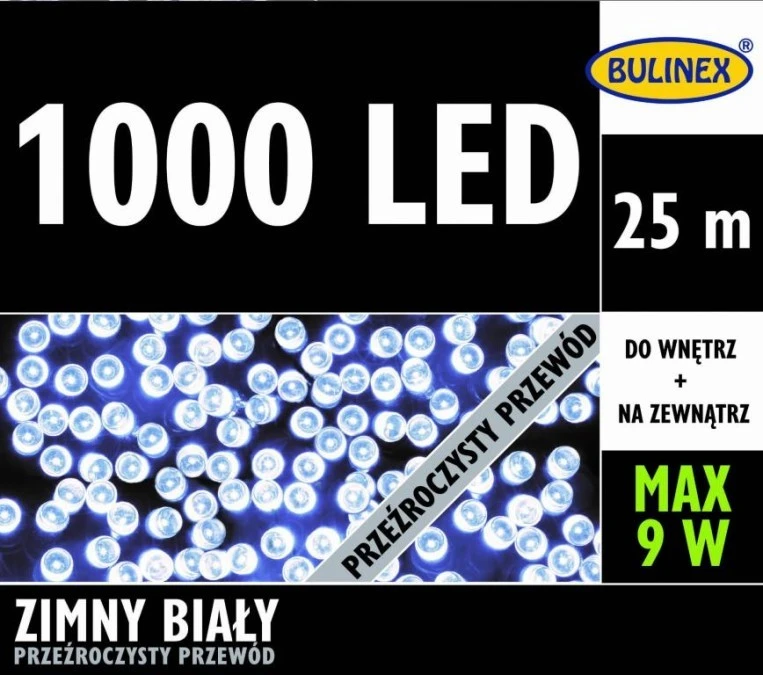 Lampki choinkowe zewnętrzne 1000 LED lampki z zasilaczem biały 25m dł. + 3m przyłącza 230V/31V 9W IP44 13‑984 - obrazek 1