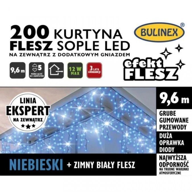 Lampki Bulinex kurtyna sople 200led nieb ieskie 9 6m biały flesz gruby przewód - obrazek 1