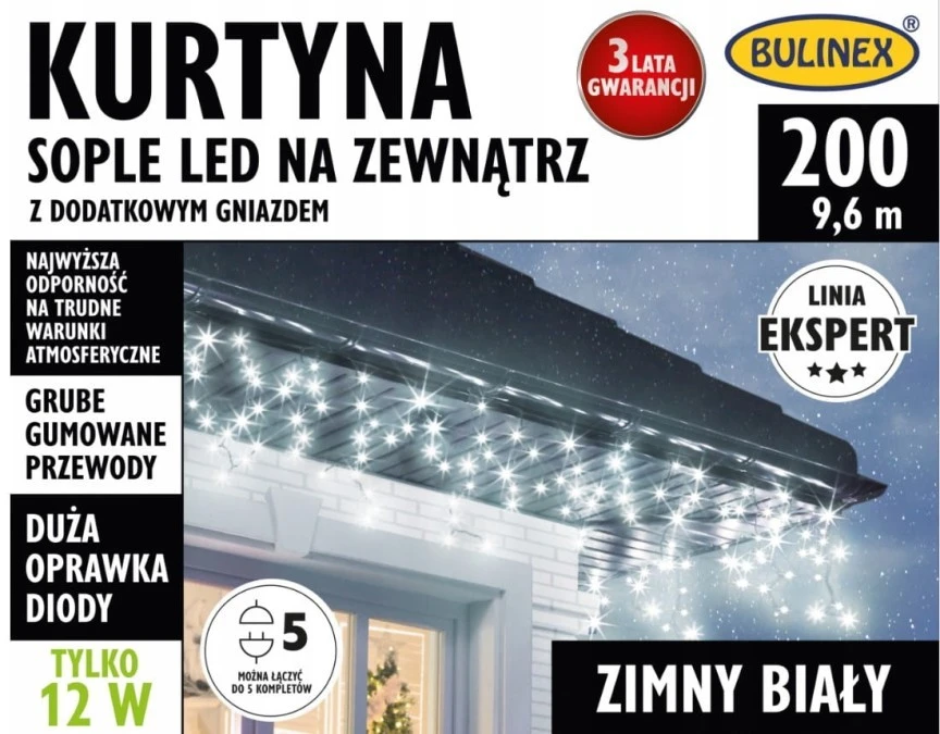 Lampki Bulinex kurtyna sople 200led biały zimny 9.6m biały gruby przewód - obrazek 1