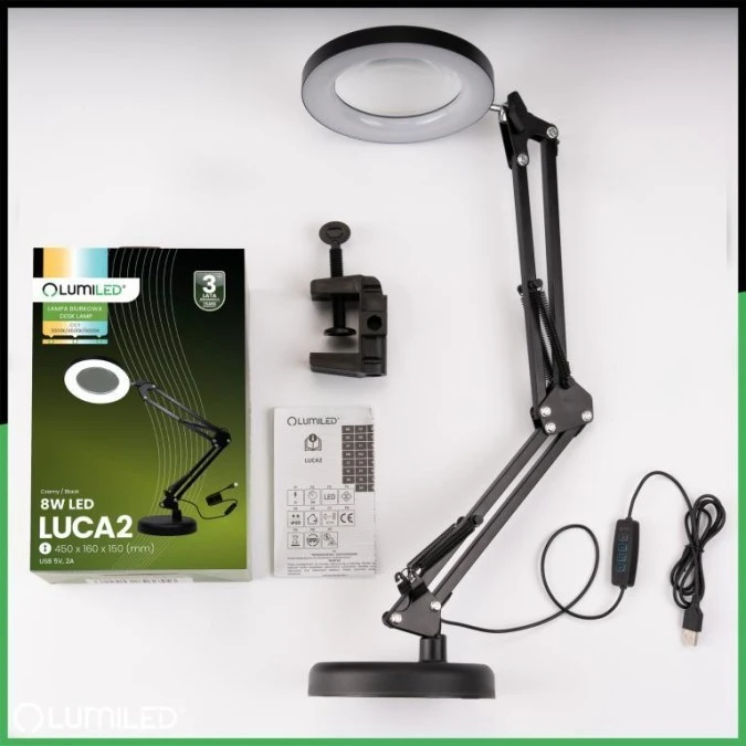 Lampka Biurkowa LED 8W CCT Kreślarska Stołowa 3x Szkło Powiększające Lupa LUCA 2 Czarna LUMILED - obrazek 1