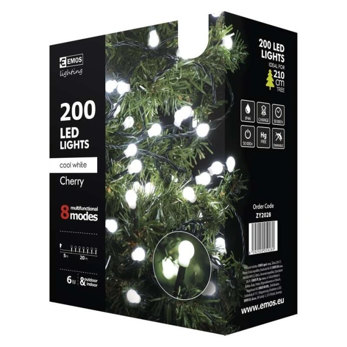 Lampki choinkowe kulki XMAS cherry 6W 200LED 20m IP44 /8 programów/ zimna biała D5AC07 - obrazek 2