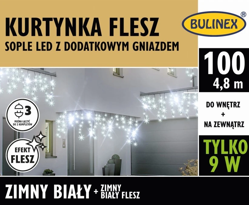 Lampki Bulinex 100led białe zimne 4,80m kurtyna flesz - obrazek 1