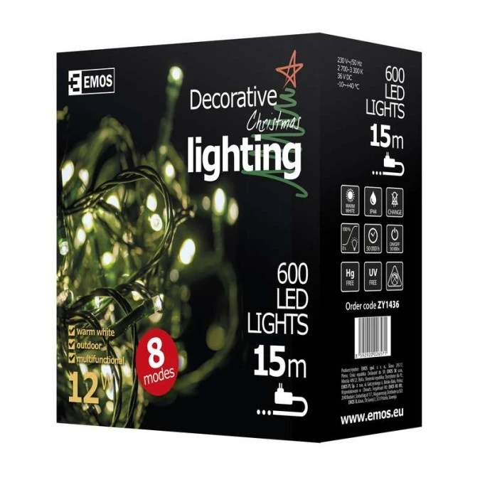 Lampki choinkowe sople XMAS icicle różne tryby 9W 600LED 10m IP44 ciepły biały D4CW03 - obrazek 3