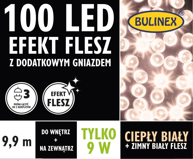 Lampki choinkowe Flesz LED 100l z gniazdkiem, biały ciepły 9,9m 230V/31V 9W IP44 na zewnątrz i do wnętrz 13‑138 - obrazek 1