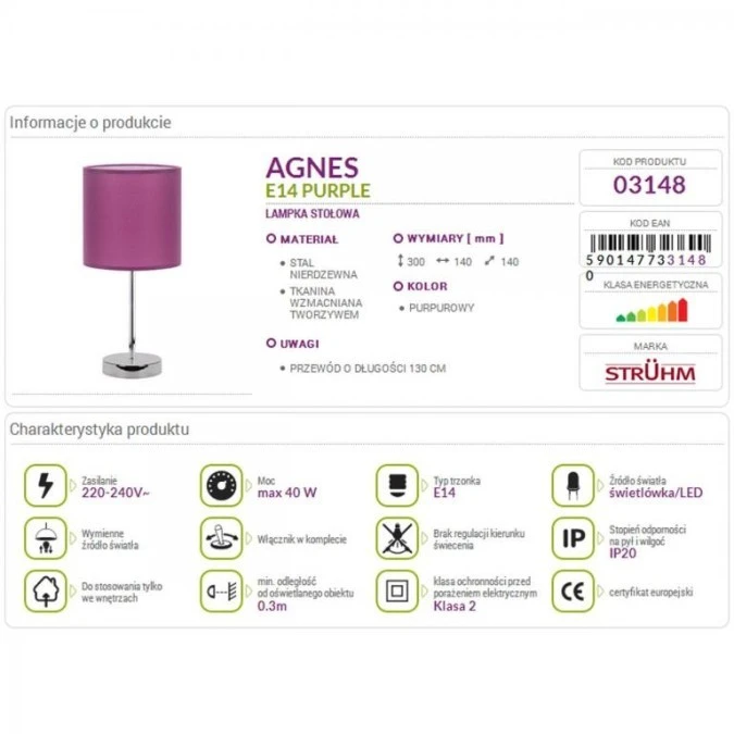 Lampka stołowa nocna AGNES 03148 fioletowo‑srebrna STRUHM - obrazek 2