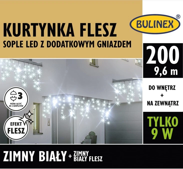 Lampki Bulinex 200led białe zimne 9,60m kurtyna sople flesz - obrazek 1