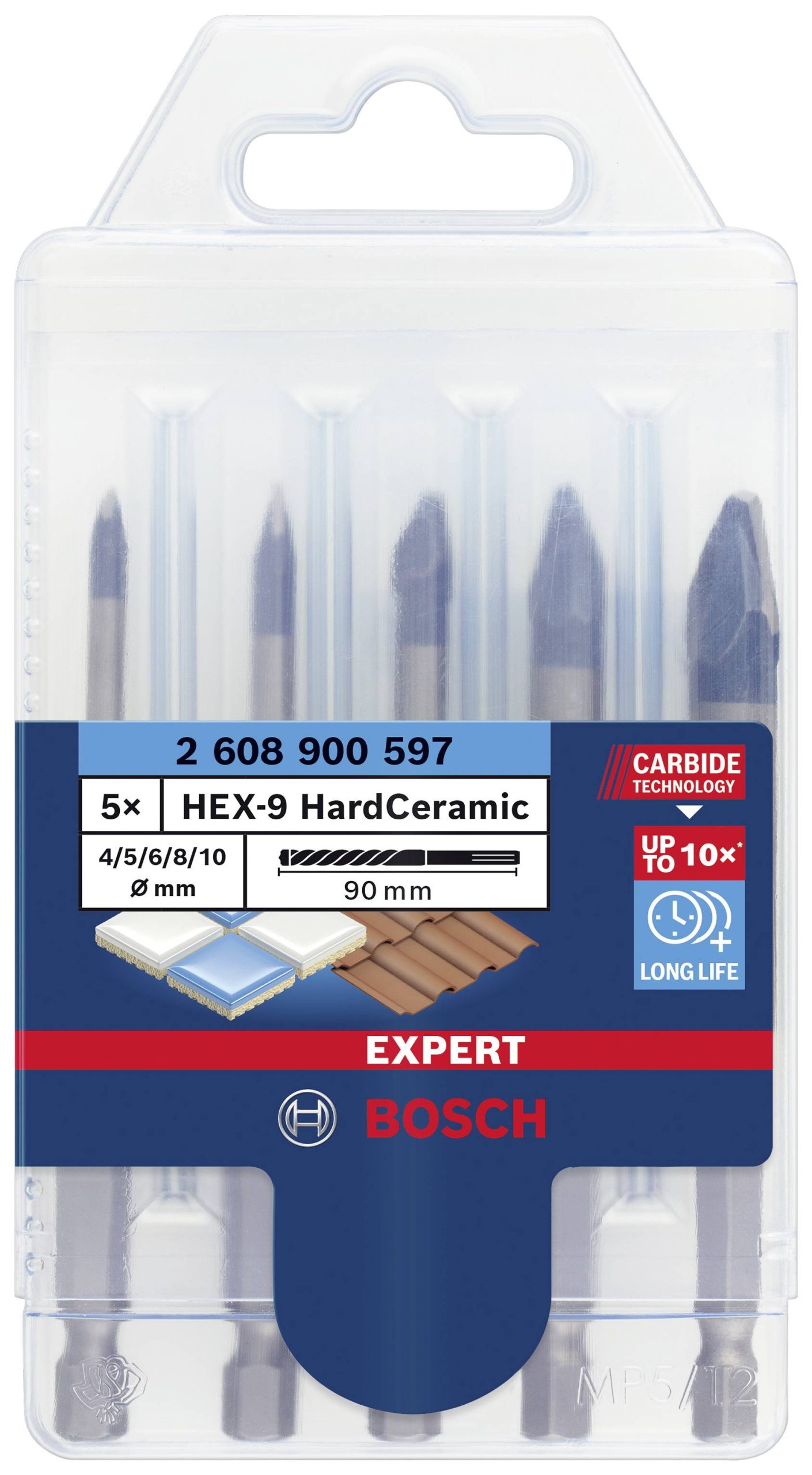 Bosch Accessories 2608900597 Komplet wierteł do ceramiki 5 szt. 4 mm, 5 mm, 6 mm, 8 mm, 10 mm sześciokątny uchwyt 5 szt. - obrazek 1