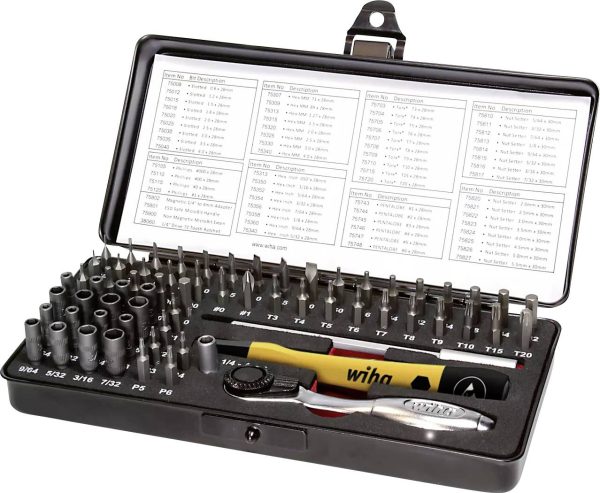 Bity Wiha Micro-Bit-Set 65-tlg.m.Ratsche Schlitz/PH/6-kant in+auß/T/Pen 39971, 65 szt.