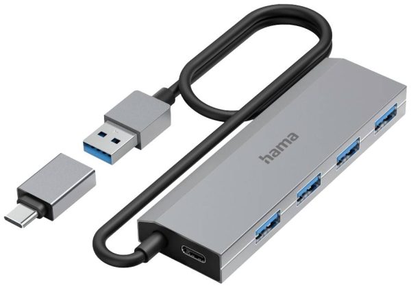 Hama 00200138 USB-Hub 4 porty USB-A USB 3.2 Gen1 5 GBit/s z wtyczką USB-C szary