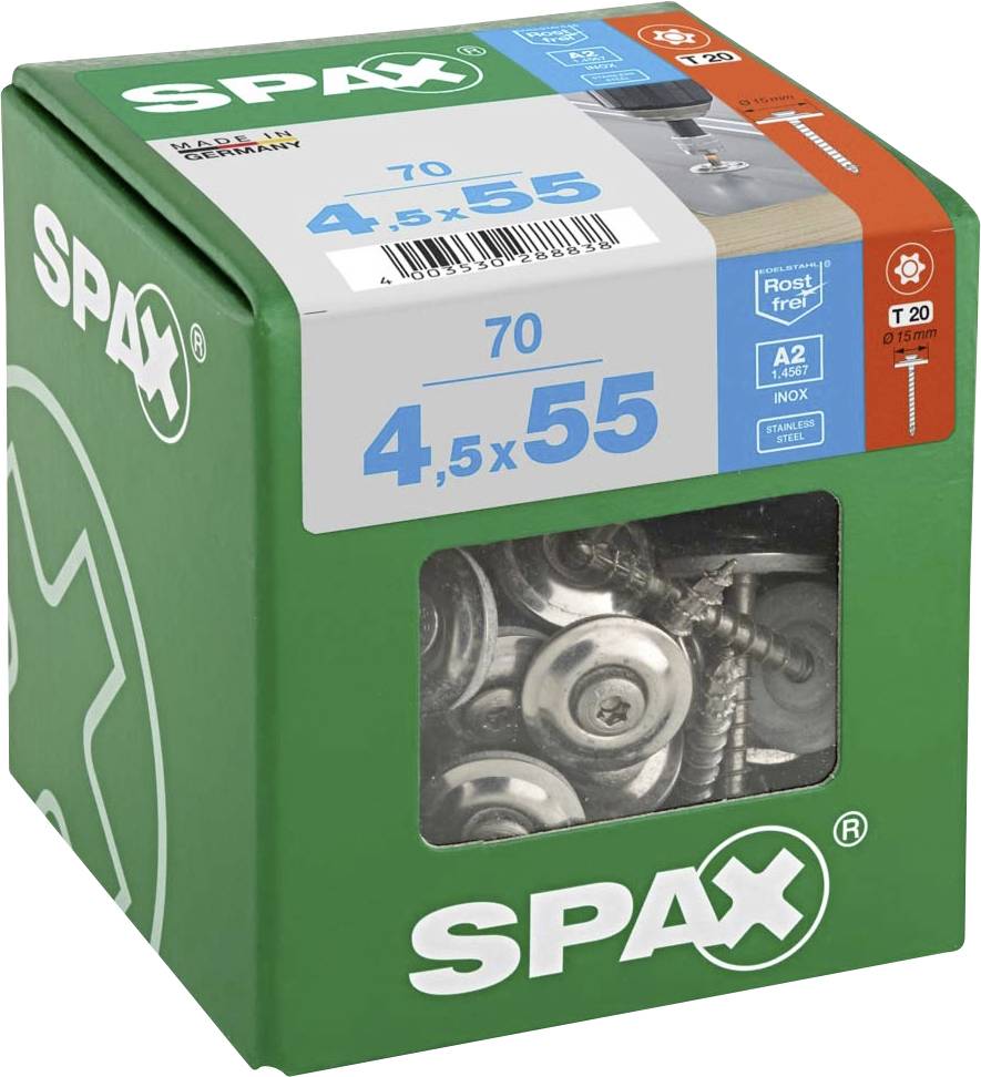 SPAX 4587000450556 Śruba blacharska 4.5 mm 55 mm T-STAR plus stal nierdzewna A2 70 szt. - obrazek 1