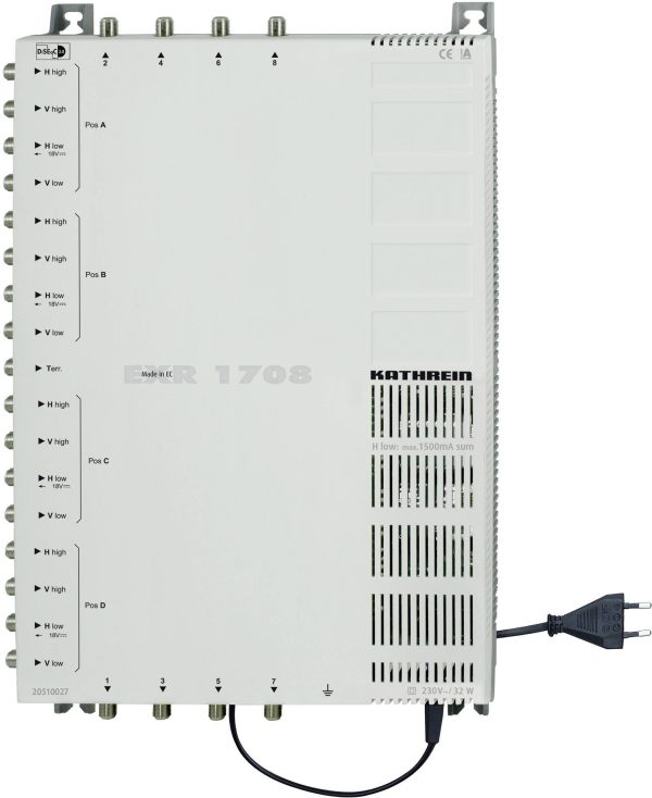 Kathrein EXR 1708 Multiprzełącznik SAT, kaskadowy Wejścia (multi-switch): 17 (16 sat/ 1 naziemne) Ilość uczestników: 8