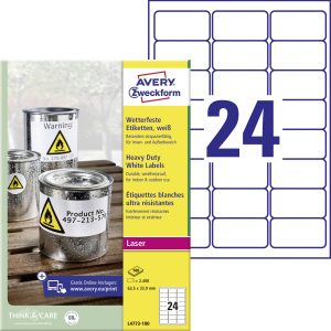 Avery-Zweckform L4773-100 Etykiety foliowe 63.5 x 33.9 mm Folia poliestrowa biały 2400 szt. Trwały Drukarka Laserowa, ko