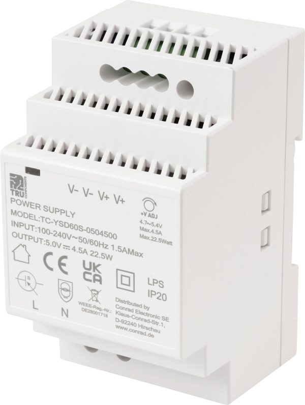 TRU COMPONENTS TC-13710876 Zasilacz na szynę DIN Zużycie (StandBy) 0.3 W 5 V/DC 4.5 A 22.5 W Ilość wyjść:1 x Opis 1 szt.