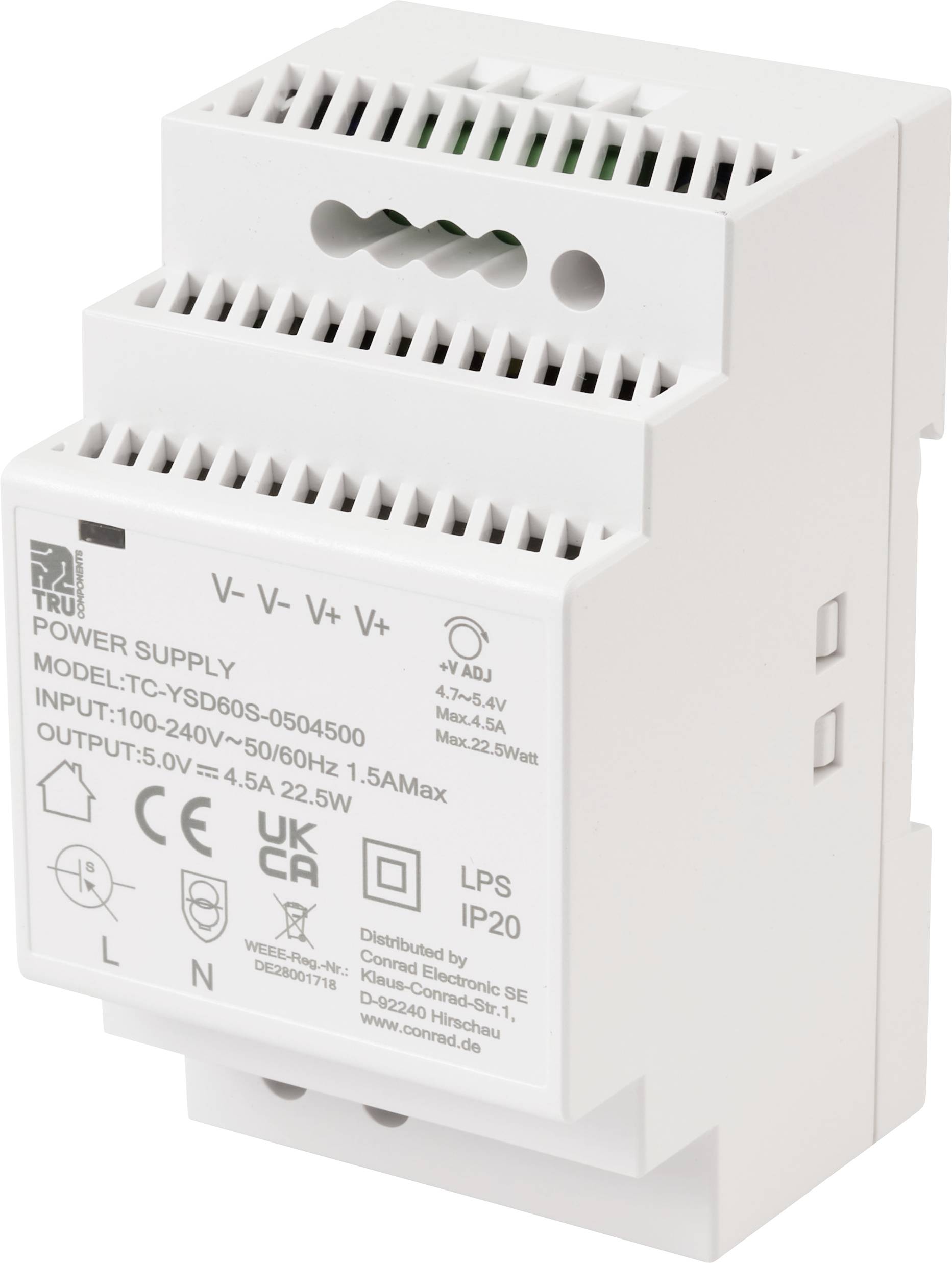 TRU COMPONENTS TC-13710876 Zasilacz na szynę DIN Zużycie (StandBy) 0.3 W 5 V/DC 4.5 A 22.5 W Ilość wyjść:1 x Opis 1 szt. - obrazek 1