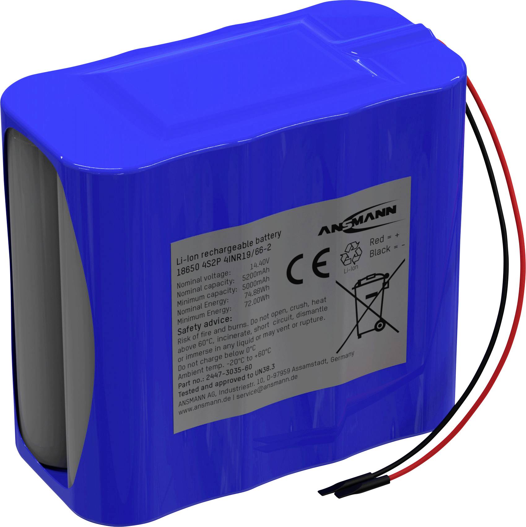 Pakiet akumulatorów Li-Ion Ansmann 4S2P Akkupack 8x 18650 Kabel Li-Ion 14.4V 5200mAh, Ilość ogniw: 8, 14.54 V, 5200 mAh - obrazek 1
